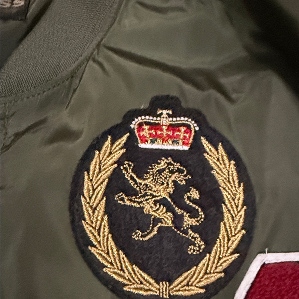 Express Olive Green Bomber Jacket with Patches - Picture 3 of 7